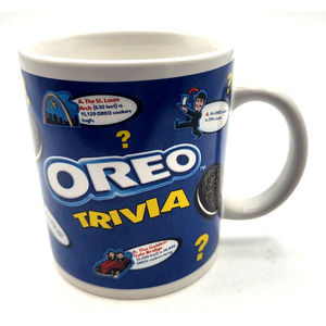 OREO Trivia Ceramic Mug Blue White 12 Ounce Capacity 4" Tall